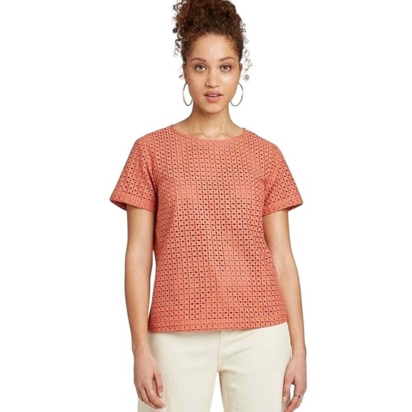 A New Day Top Women S NWT Pumpkin Spice Eyelet Top 100%Cotton Boho Lined Crochet - Picture 1 of 10